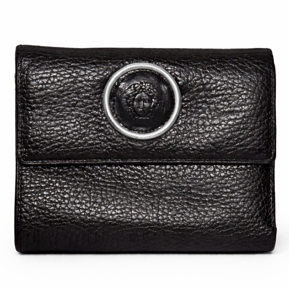 Vintage Gianni Versace Medusa Black Pebbled Leather Trifold Billfold Wallet